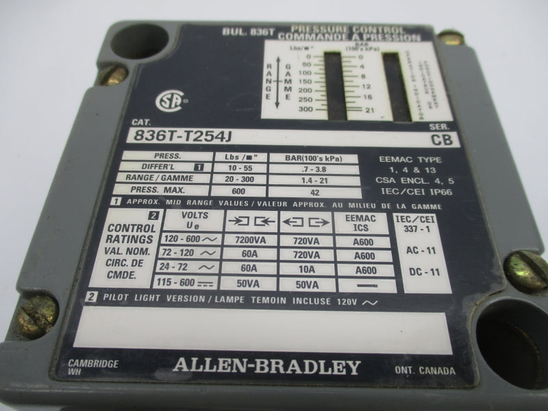 ALLEN BRADLEY 836T-T254J SER. CB 600VAC 20-300PSI UNMP
