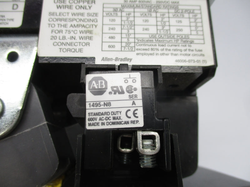 ALLEN BRADLEY 1494V-DS30 SER. D 1495-N8 1494V-FS30 600V 30A UNMP