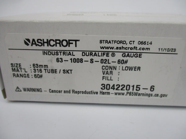 ASHCROFT 63-1008-S-02L-60# 0-60PSI 63MM NSMP