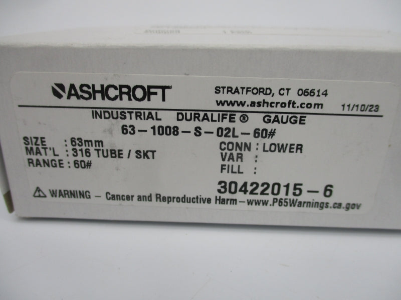 ASHCROFT 63-1008-S-02L-60# 0-60PSI 63MM NSMP