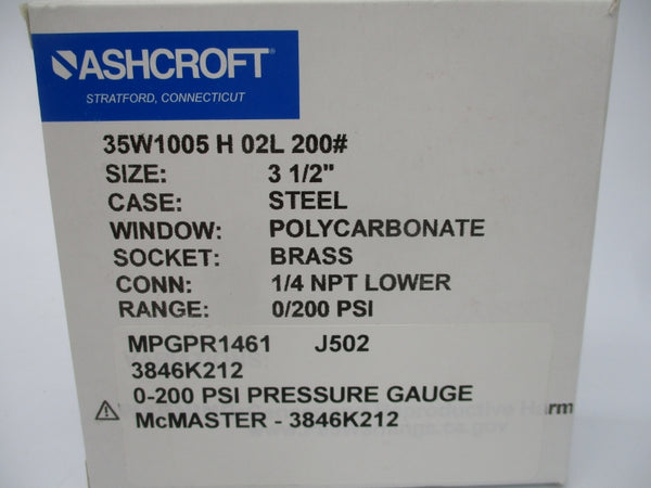 ASHCROFT 35W1005H02L 200# 0-200PSI 3-1/2" NSMP
