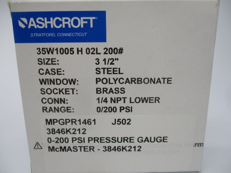 ASHCROFT 35W1005H02L 200# 0-200PSI 3-1/2" NSMP
