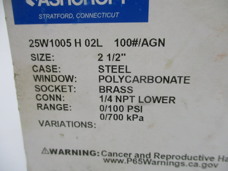 ASHCROFT 25W1005H02L100#/AGN 100PSI 2-1/2" NSMP