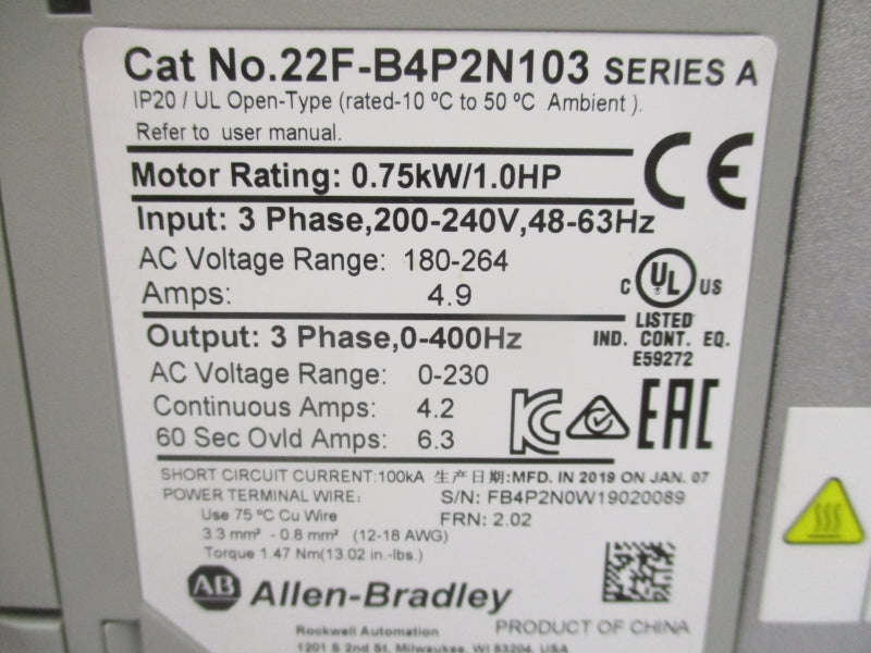 ALLEN BRADLEY 22F-B4P2N103 SER. A F/W 2.02 NSMP
