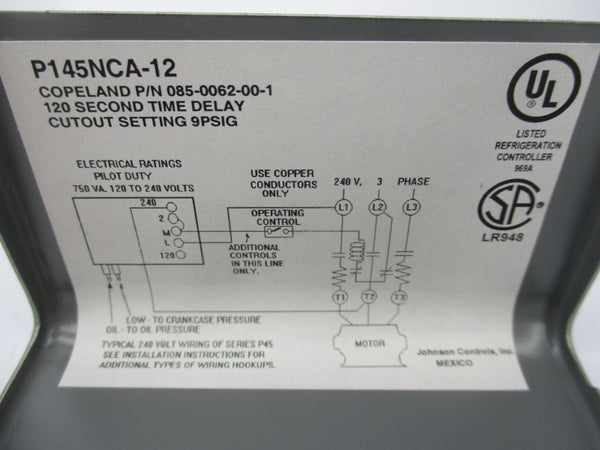 JOHNSON CONTROLS P145NCA-12C 240V 9PSI 120S NSMP
