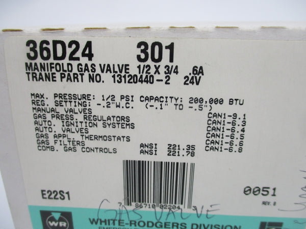 WHITE-RODGERS 36D24 301 24V 0.6A 1/2" NSMP