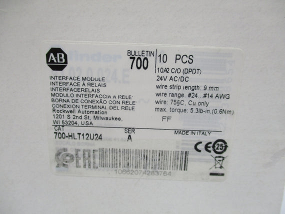 ALLEN BRADLEY 700-HLT12U24 SER. A 24V AC/DC (PKG OF 10) (WH) NSMP