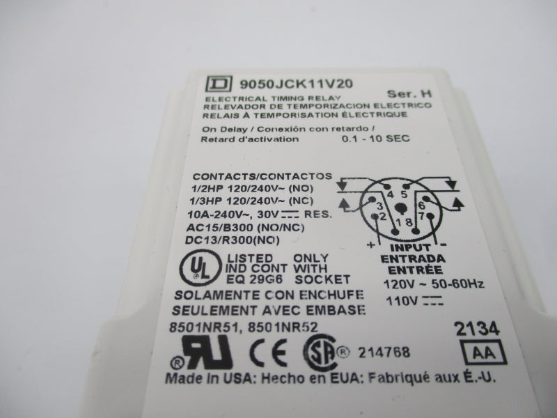 SQUARE D 9050JCK11V20 SER. H 110/120V 10A 0.1-10S NSMP