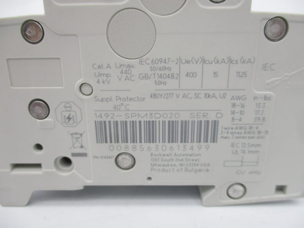 ALLEN BRADLEY 1492-SPM3D020 SER. D 440VAC 2A NSMP