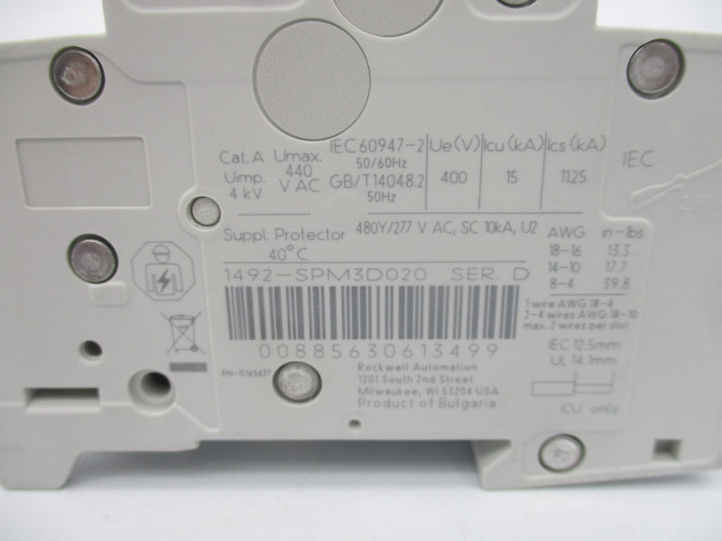 ALLEN BRADLEY 1492-SPM3D020 SER. D 440VAC 2A NSMP