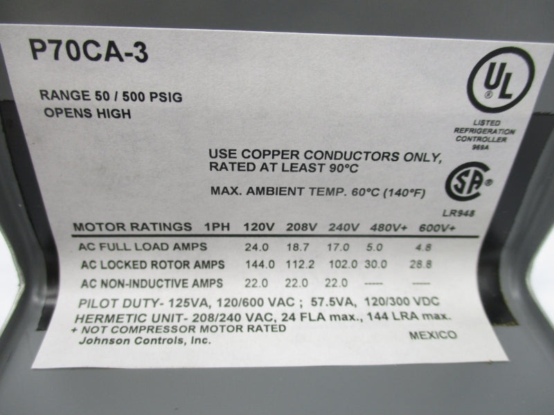 JOHNSON CONTROLS P70CA-3C 600V 4.8A 50-500PSI NSMP