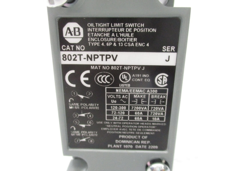 ALLEN BRADLEY 802T-NPTPV SER. J 300VAC (WH) NSMP