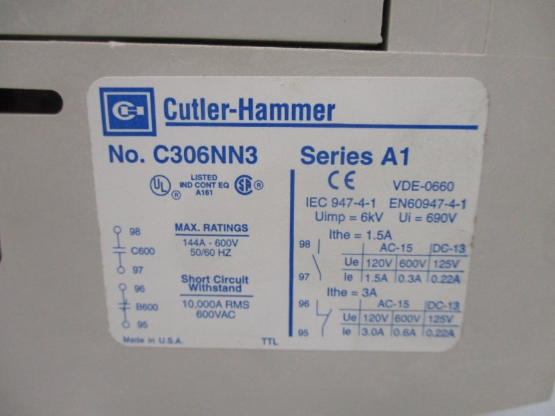 CUTLER HAMMER C306NN3 SER. A1 600V 144A NSMP