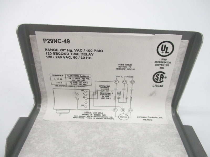 JOHNSON CONTROLS P29NC-49C 120/240VAC 100PSI 120S NSMP
