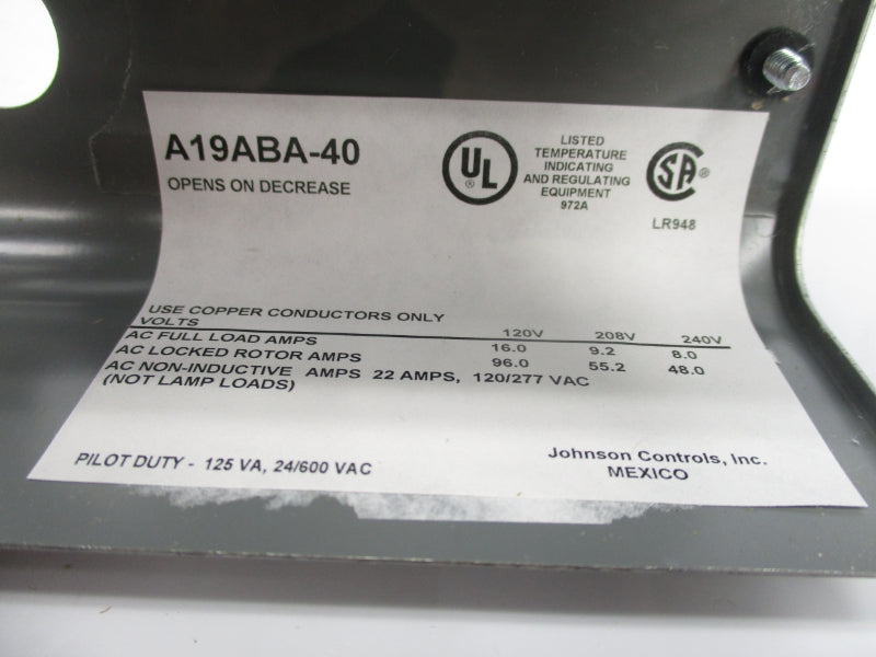 JOHNSON CONTROLS A19ABA-40C 240V 8A -30-100'F NSMP