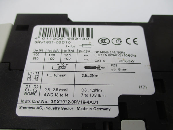 SIEMENS 3RV1821-0BD10 347V 6.3A NSMP