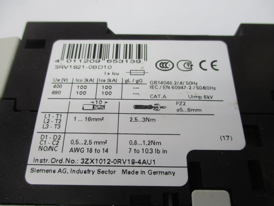 SIEMENS 3RV1821-0BD10 347V 6.3A NSMP