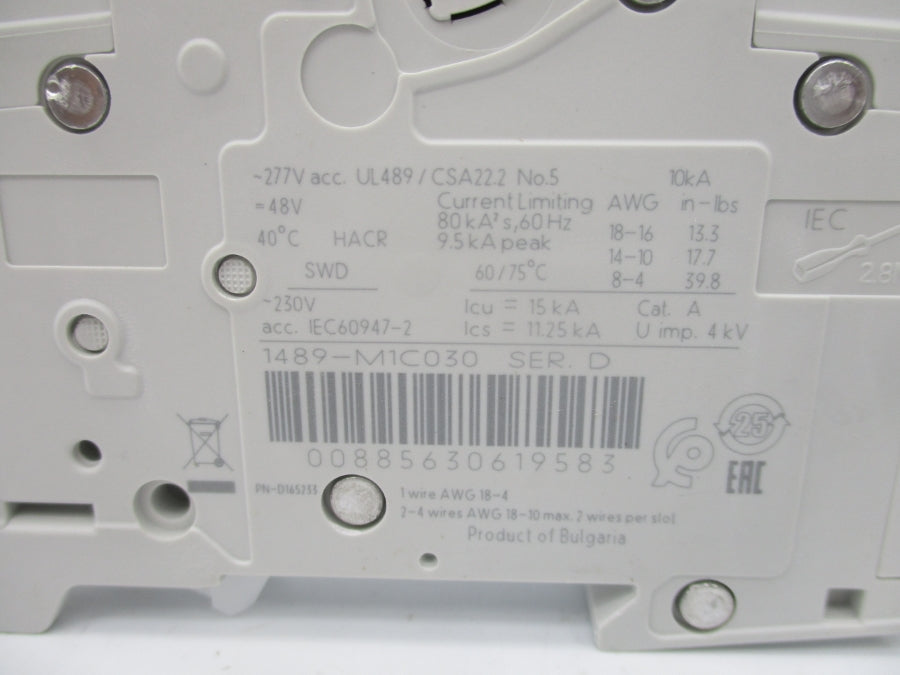ALLEN BRADLEY 1489-M1C030 SER. D 277V 3A (PKG OF 2) (WH) NSMP