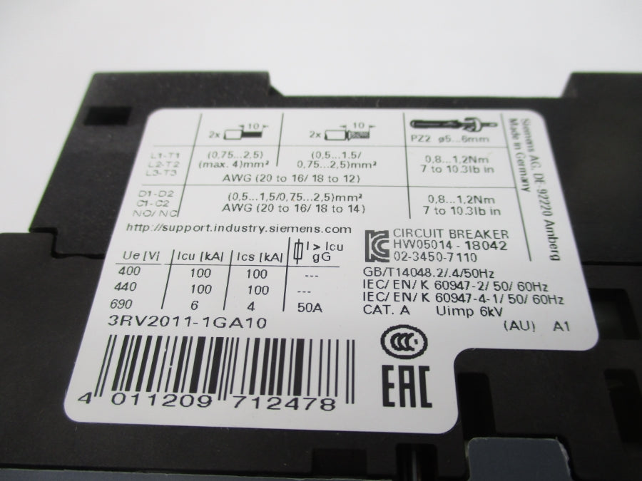 SIEMENS 3RV2011-1GA10 690V 4.5-6.3A NSMP