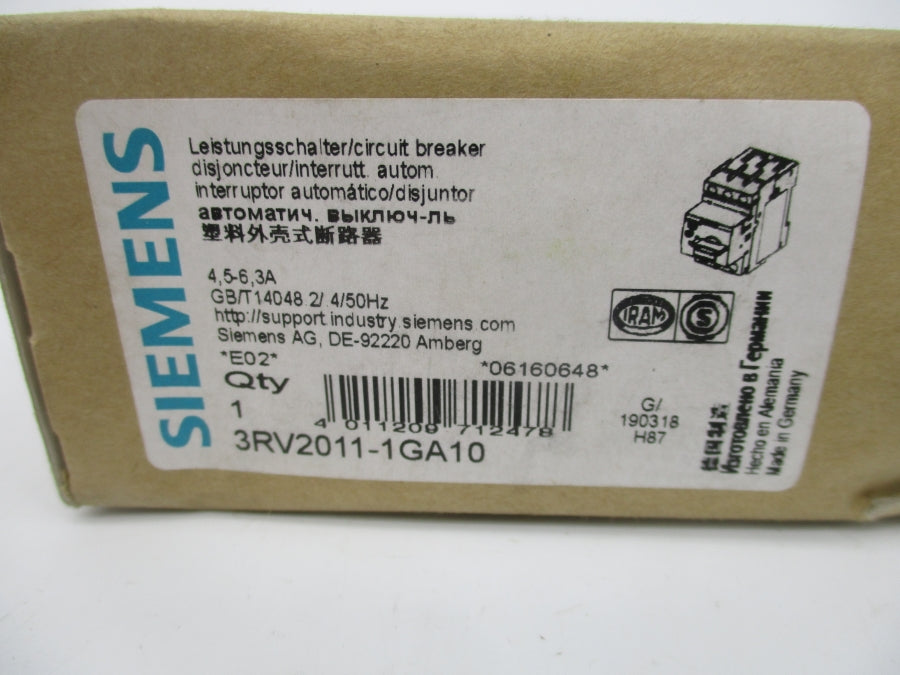SIEMENS 3RV2011-1GA10 690V 4.5-6.3A NSMP