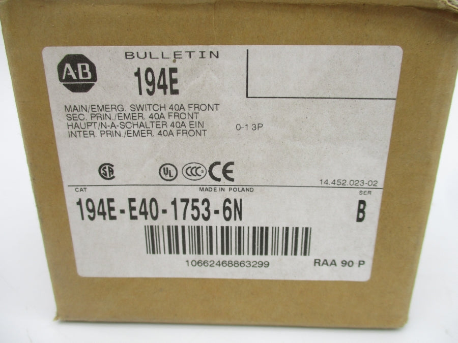 ALLEN BRADLEY 194E-E40-1753-6N SER. B 690V (BR/WH) NSMP