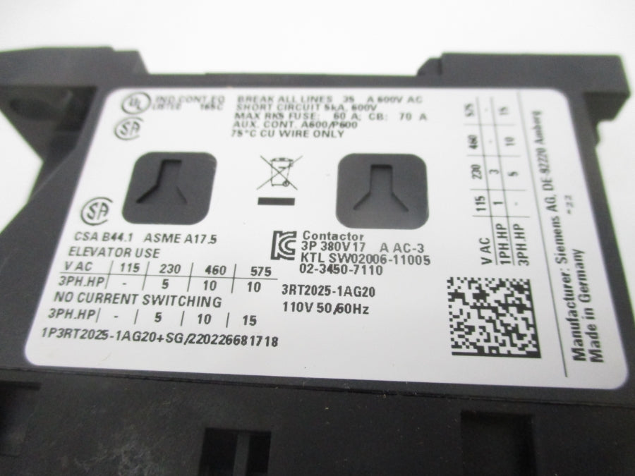 SIEMENS 3RT2025-1AG20 110V NSMP