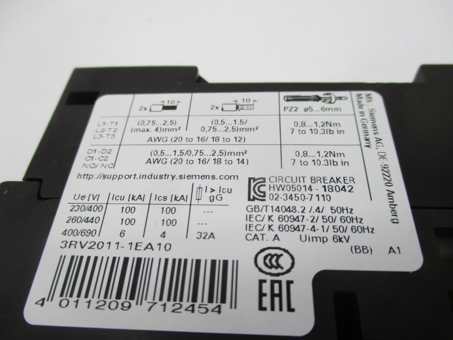 SIEMENS 3RV2011-1EA10 600V 2.8-4A NSMP