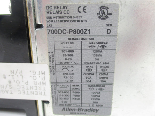 ALLEN BRADLEY 700DC-P800Z1 SER. D 115-125VDC NSNP