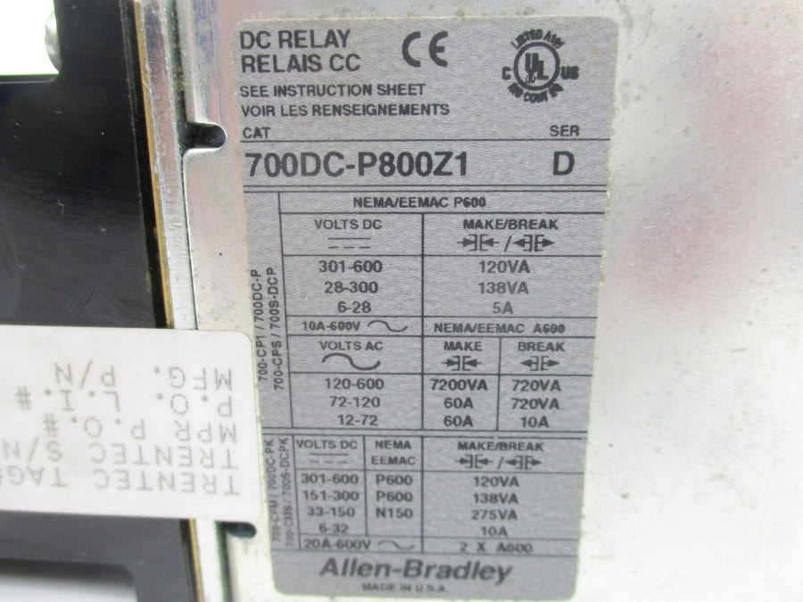ALLEN BRADLEY 700DC-P800Z1 SER. D 115-125VDC NSNP