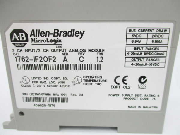 ALLEN BRADLEY 1762-IF2OF2 SER. A F/W 1.2 24VDC 0.105A REV. C (BR/WH) NSMP