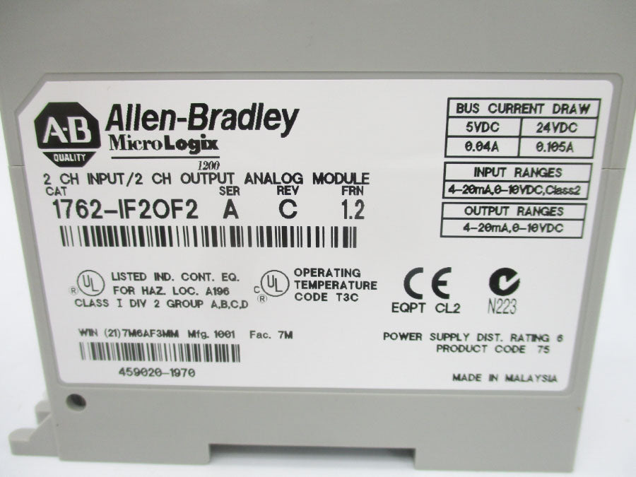 ALLEN BRADLEY 1762-IF2OF2 SER. A F/W 1.2 24VDC 0.105A REV. C (BR/WH) NSMP
