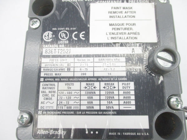 ALLEN BRADLEY 836T-T252J SER. A 120-600VAC 60A 6-75PSI  (BR/WH) NSMP