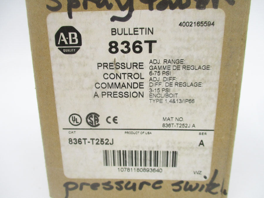 ALLEN BRADLEY 836T-T252J SER. A 120-600VAC 60A 6-75PSI  (BR/WH) NSMP