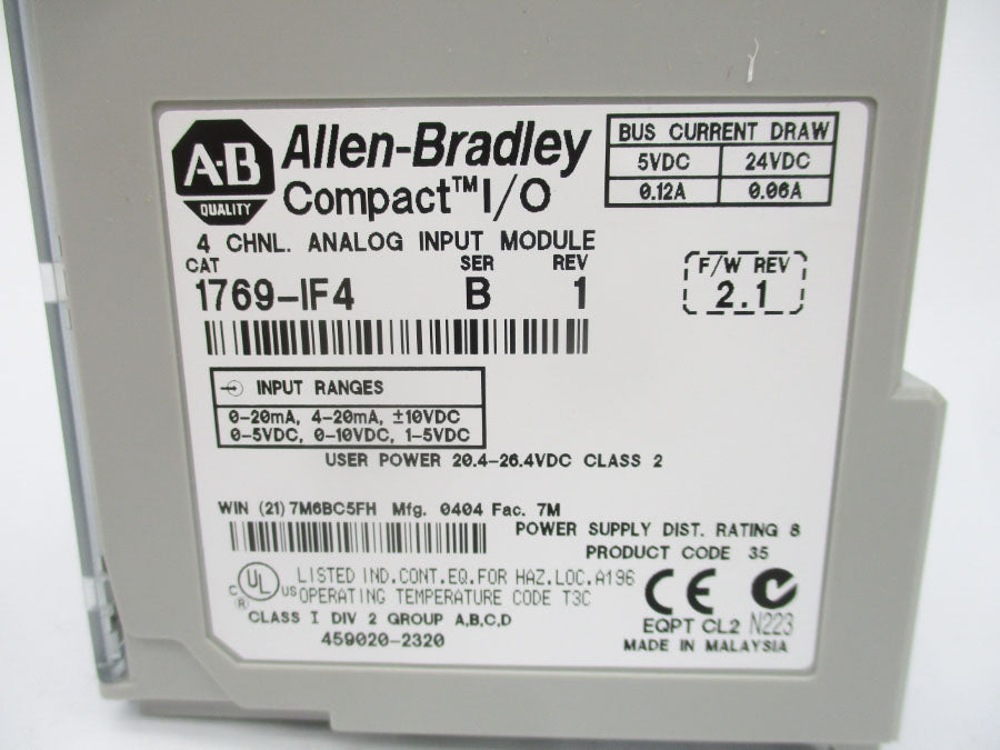ALLEN BRADLEY 1769-IF4 SER. B F/W 2.1 24VDC 0.06A REV. 1 NSNP