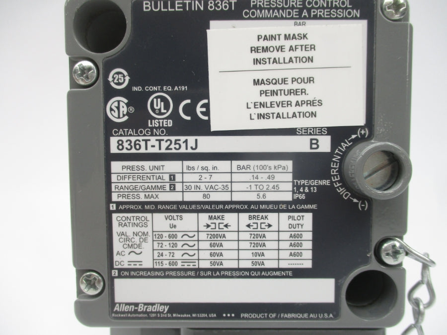 ALLEN BRADLEY 836T-T251J SER. B 120-600VAC 2-7PSI (BR/WH) NSMP