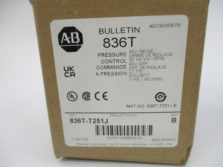 ALLEN BRADLEY 836T-T251J SER. B 120-600VAC 2-7PSI (BR/WH) NSMP