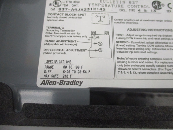 INDUSTRIAL SPARE PART 837-A4JX231X142 SER. A 24-600VAC 80-190'F NSNP