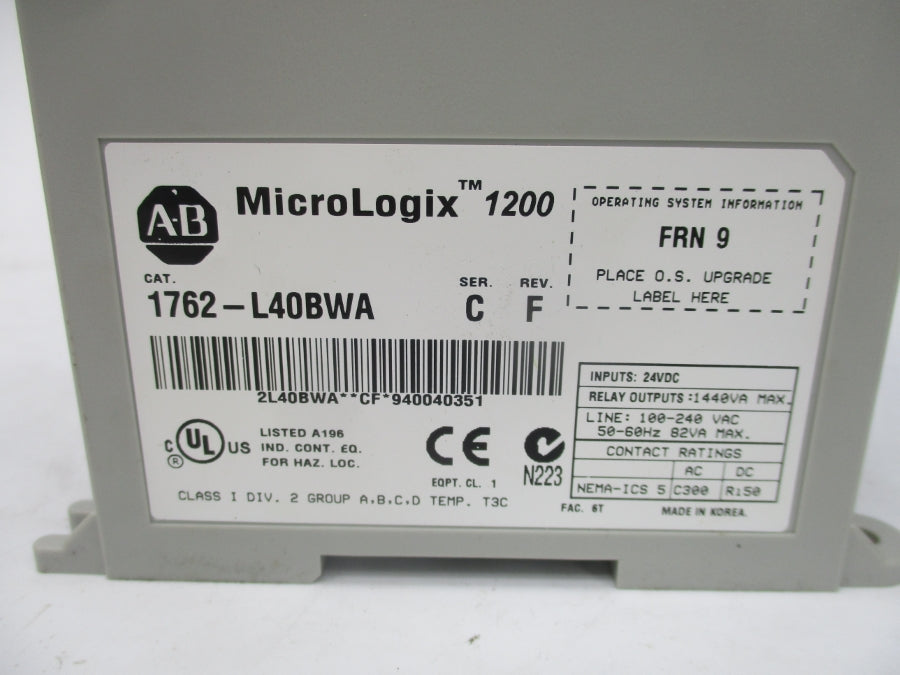 ALLEN BRADLEY 1762-L40BWA SER. C F/W 9 100-240VAC REV. F NSMP