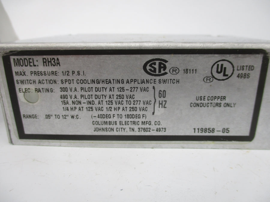 COLUMBUS ELECTRIC RH3A 2E462A 125-277VAC 15A 1/2PSI  NSMP