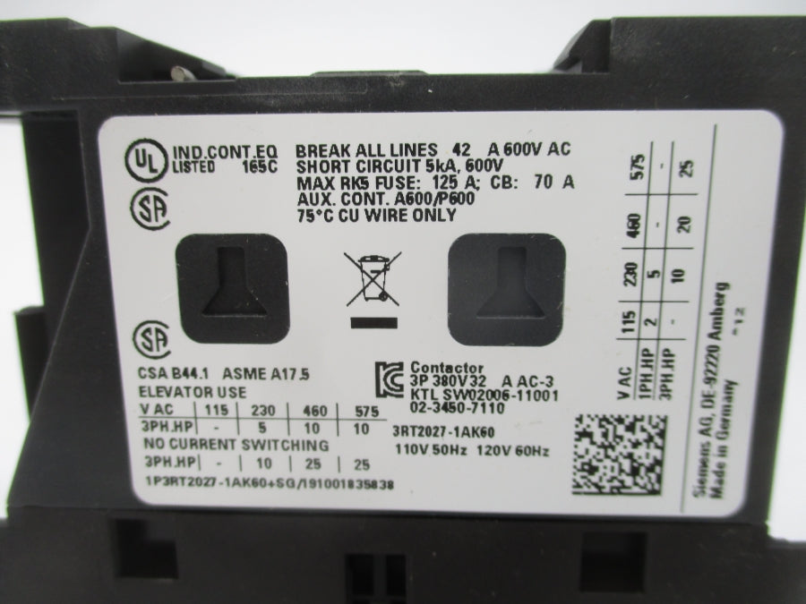 SIEMENS 3RT2027-1AK60 110/120V 32A NSMP