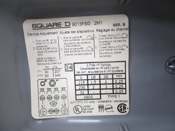 SQUARE D 9013FSG2J21M1 SER. B 115/230V 30-50PSI NSMP