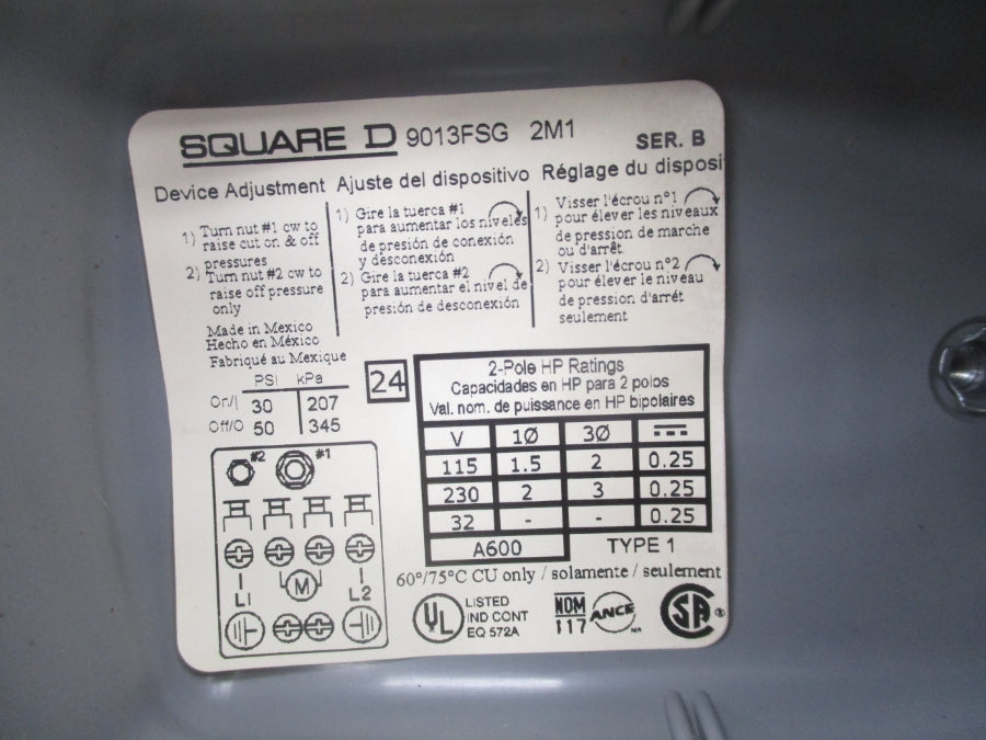 SQUARE D 9013FSG2J21M1 SER. B 115/230V 30-50PSI NSMP