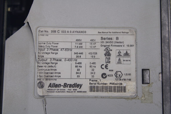 INDUSTRIAL SPARE PART 20BC022A0AYNANC0 SER. B F/W 10.001 432-528V 19.9A (AS PICTURED) UNMP