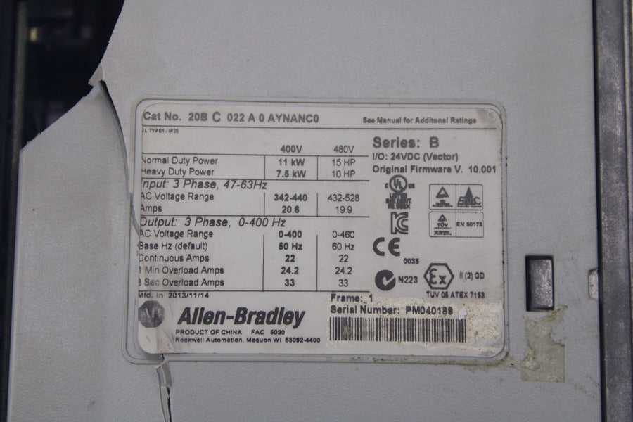 ALLEN BRADLEY 20BC022A0AYNANC0 SER. B F/W 10.001 432-528V 19.9A (AS PICTURED) UNMP