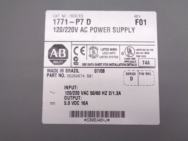 ALLEN BRADLEY 1771-P7 SER. D 120/220VAC 2/1.3A NSMP
