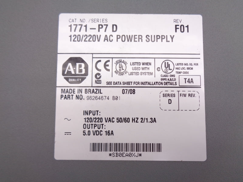 ALLEN BRADLEY 1771-P7 SER. D 120/220VAC 2/1.3A NSMP