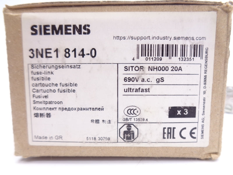 SIEMENS 3NE1814-0 690VAC 20A (PKG OF 3) NSMP