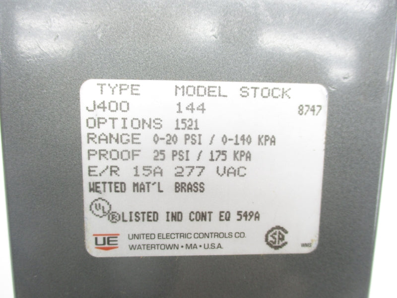 UNITED ELECTRIC J400144 277VAC 15A 0-20PSI NSMP