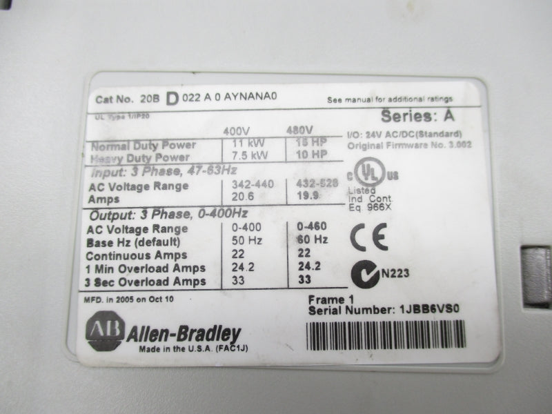 ALLEN BRADLEY 20BD022A0AYNANA0 SER. A F/W 3.002 432-528VAC 19.9A (AS PICTURED) UNMP