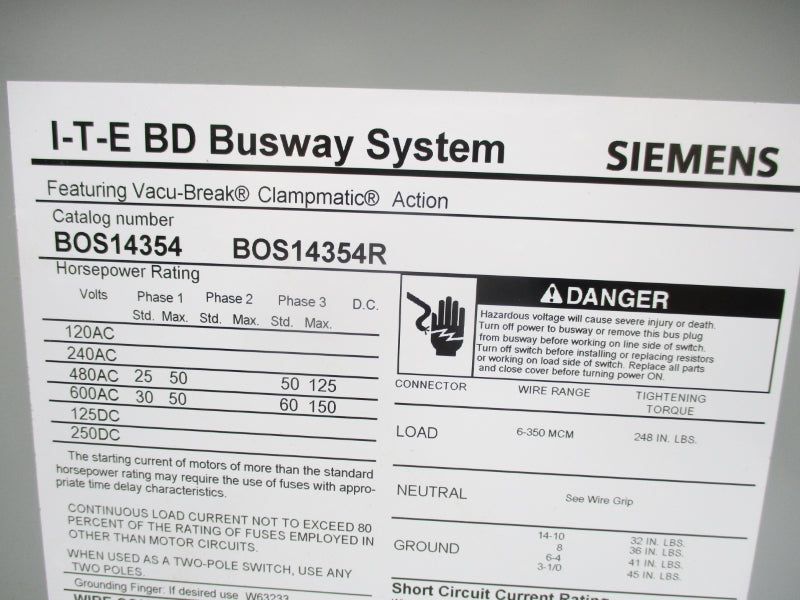 SIEMENS BOS14354 600VAC 200A NSMP